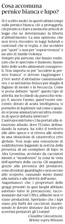 Pernice bianca e lupo - Claudine La Regione 24.8.2019