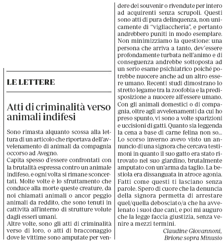atti di criminalità verso animali indifesi - La Regione 2.9.2019